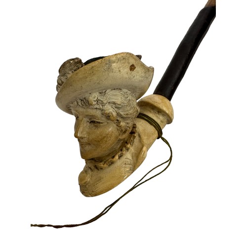 293 - A Meersham pipe modelled as a lady wearing a hat, approx 29cm. Offered together with a Bruyere  Rex ... 