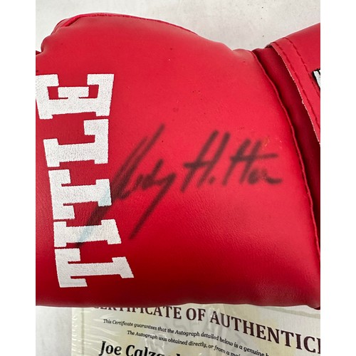 405 - Ricky Hatton (British, b.1978) & Joe Calzaghe (Welsh, b.1972), signed TITLE red boxing glove, signed... 