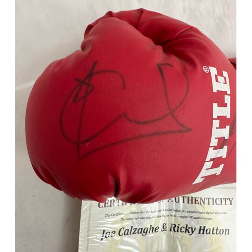 405 - Ricky Hatton (British, b.1978) & Joe Calzaghe (Welsh, b.1972), signed TITLE red boxing glove, signed... 