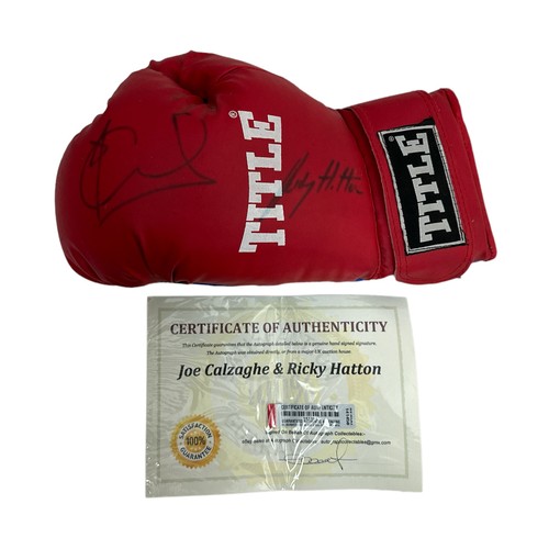 405 - Ricky Hatton (British, b.1978) & Joe Calzaghe (Welsh, b.1972), signed TITLE red boxing glove, signed... 