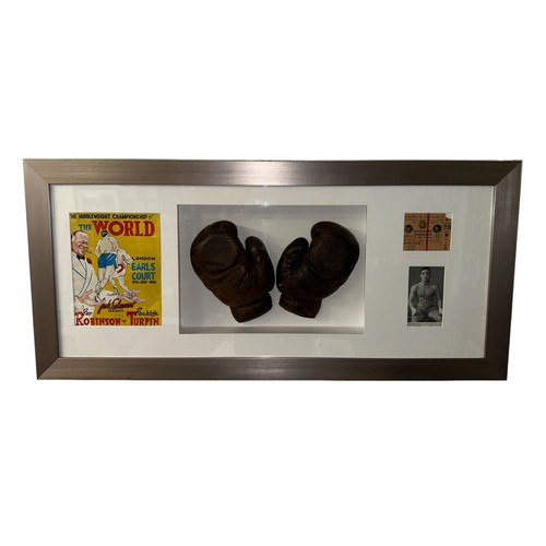 411 - Randolph Turpin (British, 1928-1966), framed pair of leather boxing gloves worn by Randolph Turpin i... 