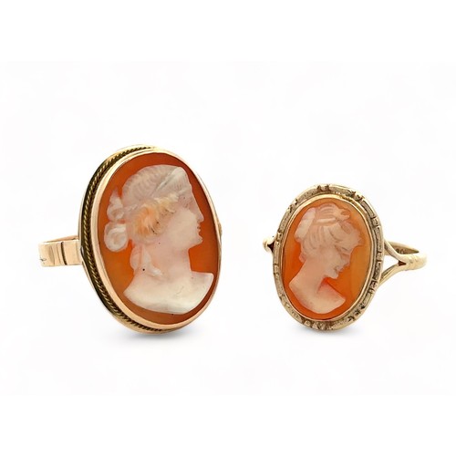 35 - Two gold shell cameo rings both depicting a lady in profile. A ring with a head 21mm in length which... 