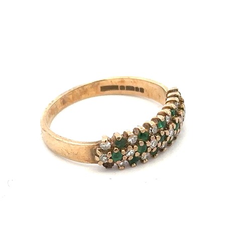 36 - A 9ct gold three row emerald and diamond ring. Full hallmarks. Size ?  Weight 2g.

Please see the bu... 