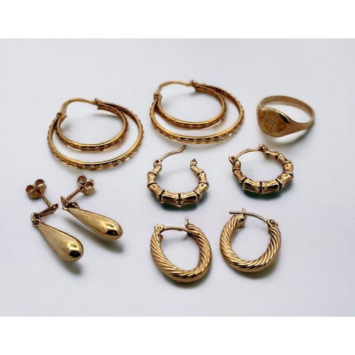 7 - Range of gold and yellow metal jewellery items. Includes 3 pairs of earrings either stamped 375 or h... 