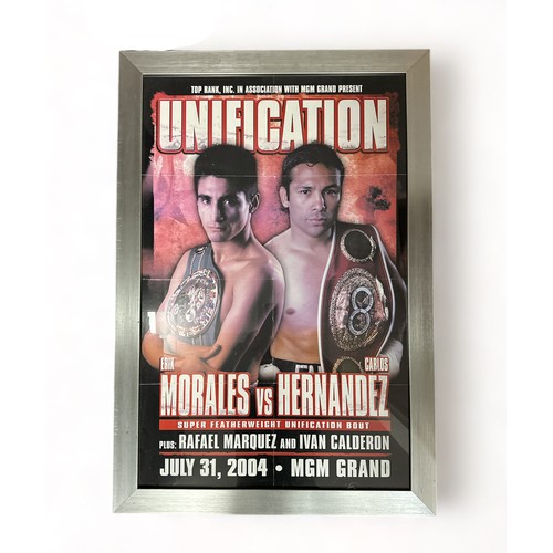 412 - Boxing related, selection of five framed boxing related items including; Erik Morales vs Carlos Hern... 