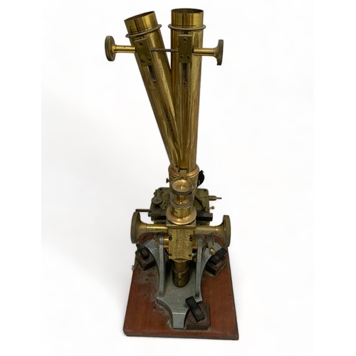 301 - J H Steward, 19th Century brass binocular microscope by J. H. Steward of 406 Strand, London, dual pa... 