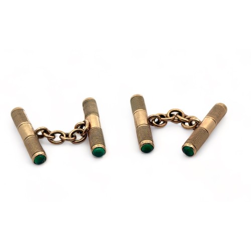 44 - 9ct gold cufflinks with engine turned decoration and terminated at each end with chrysoprase cabocho... 