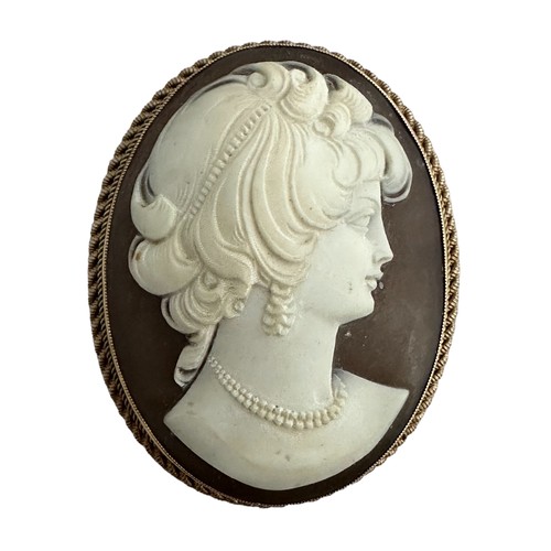 17 - A shell cameo brooch depicting a lady in profile with 9ct rope twist surround. Marks on reverse for ... 