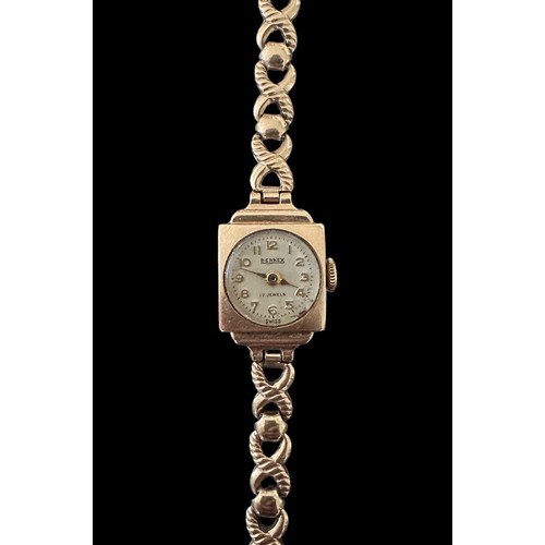 68 - Bernex, a square ladies 9ct gold watch. Bracelet stamped '9 375'.  Arabic numerals, 17 jewel, Swiss ... 