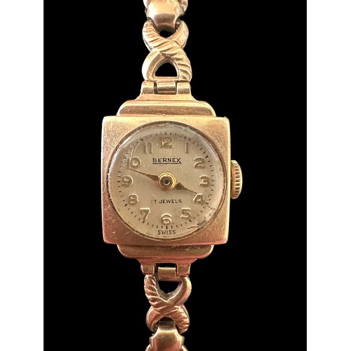 68 - Bernex, a square ladies 9ct gold watch. Bracelet stamped '9 375'.  Arabic numerals, 17 jewel, Swiss ... 