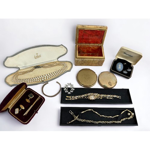 55 - A cased Lotus pearl three strand necklace with a silver clasp. a Wedgwood brooch and earring set, tw... 