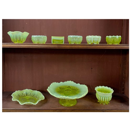 277 - Victorian Davidson’s Pearline Primrose Yellow / “Uranium “ glass various items, to include; cake sta... 