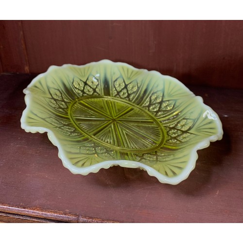 277 - Victorian Davidson’s Pearline Primrose Yellow / “Uranium “ glass various items, to include; cake sta... 