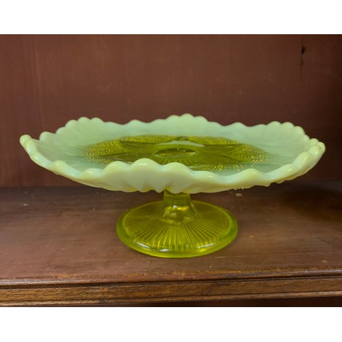 277 - Victorian Davidson’s Pearline Primrose Yellow / “Uranium “ glass various items, to include; cake sta... 