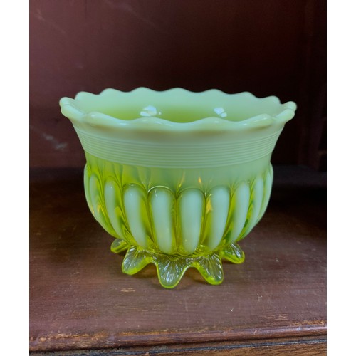 277 - Victorian Davidson’s Pearline Primrose Yellow / “Uranium “ glass various items, to include; cake sta... 