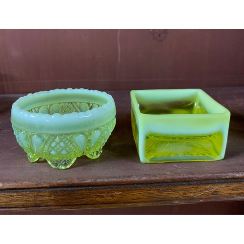 277 - Victorian Davidson’s Pearline Primrose Yellow / “Uranium “ glass various items, to include; cake sta... 