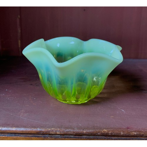 277 - Victorian Davidson’s Pearline Primrose Yellow / “Uranium “ glass various items, to include; cake sta... 