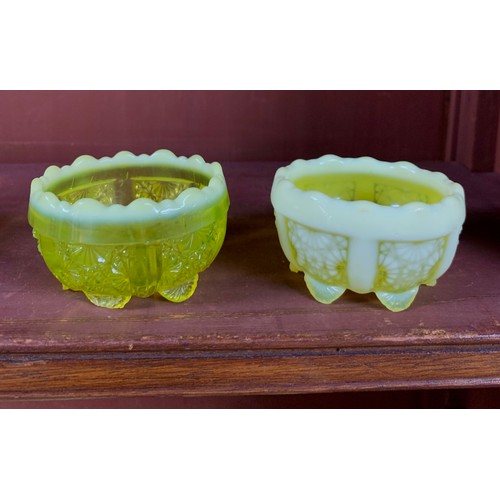 277 - Victorian Davidson’s Pearline Primrose Yellow / “Uranium “ glass various items, to include; cake sta... 