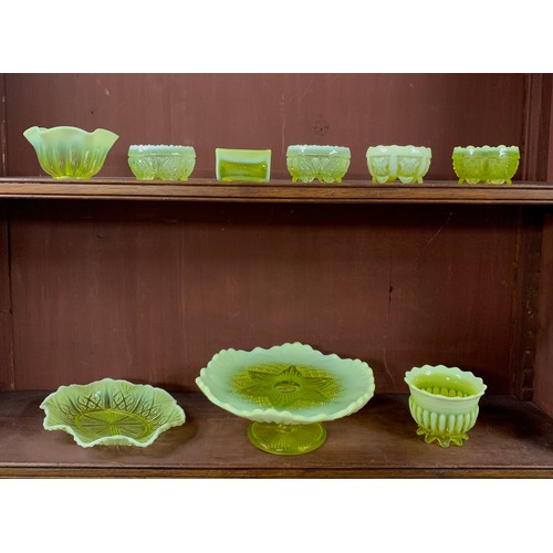 277 - Victorian Davidson’s Pearline Primrose Yellow / “Uranium “ glass various items, to include; cake sta... 