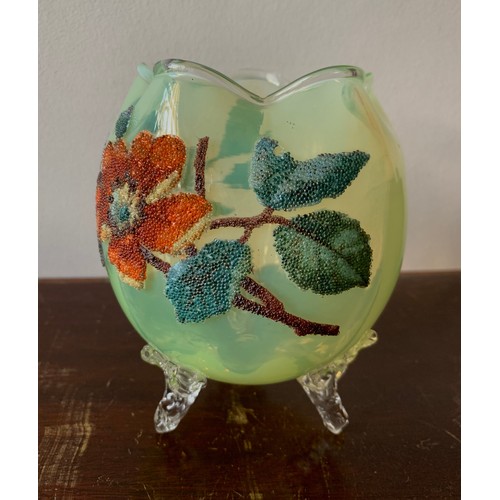 280 - Uranium glass bowl vase with interesting raised beadwork design to exterior, robin and floral relief... 