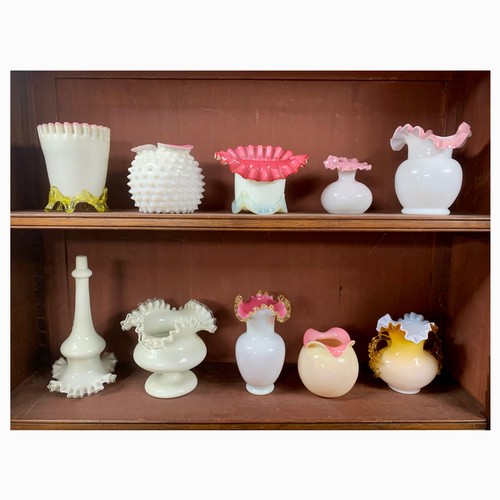 283 - Victorian collection of custard / milk glassware vases, predominantly with pink accents, various siz... 