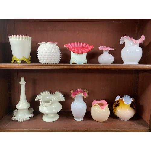 283 - Victorian collection of custard / milk glassware vases, predominantly with pink accents, various siz... 