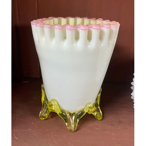 283 - Victorian collection of custard / milk glassware vases, predominantly with pink accents, various siz... 