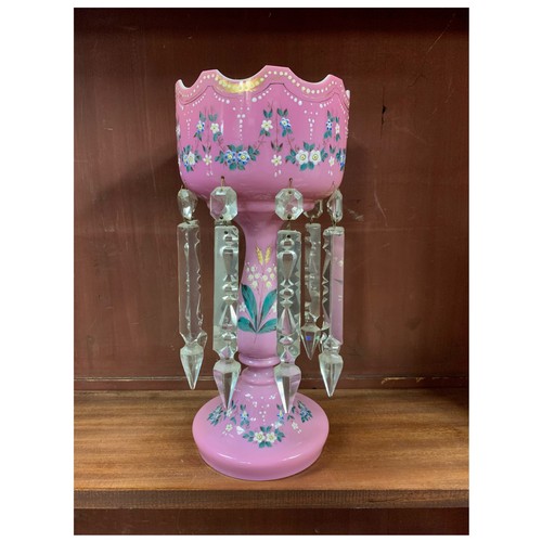 284 - Victorian pink opaline glass mantle lustre vase with hanging crystals, floral enamel and gilt painte... 