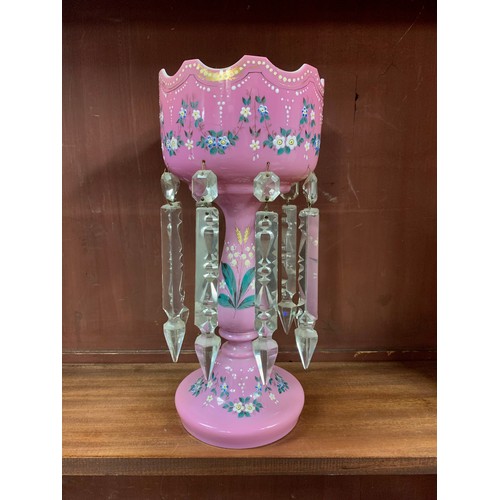 284 - Victorian pink opaline glass mantle lustre vase with hanging crystals, floral enamel and gilt painte... 