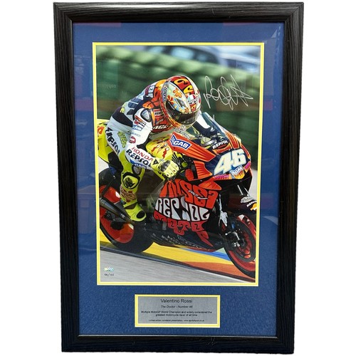 415 - Framed Valentino Rossi signed picture. Valentino Rossi pictured on a Repsol motorbike. With chrome n... 