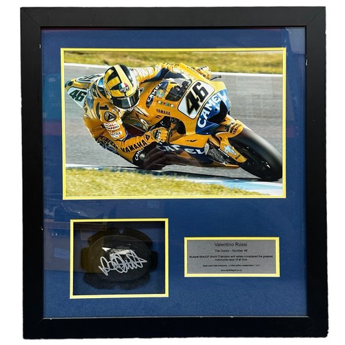 419 - Framed signed used knee protector from Valentino Rossi. Limited edition presentation 1 of 3. COA fro... 