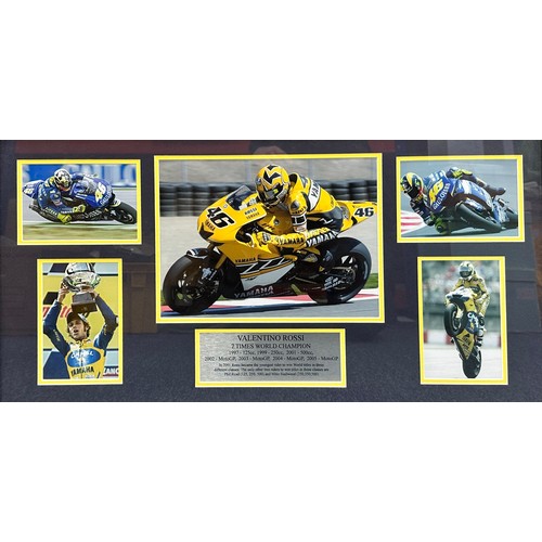 420 - Framed Valentino Rossi commemorative picture. 5 images of Valentino Rossi with short bio celebrating... 