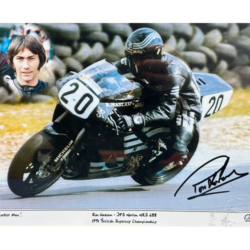 424 - Framed signed Ron Haslam picture. Ron Haslam on his JPS Norton NRS 588, during the 1991 British Supe... 