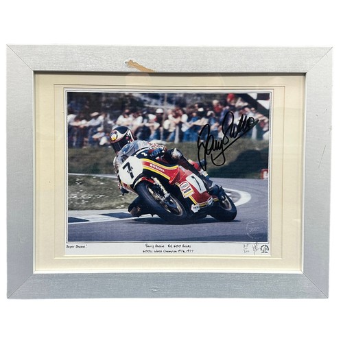 426 - Framed signed Barry Sheene Picture. Signed by Barry Sheene and the photographer of the image Keith M... 