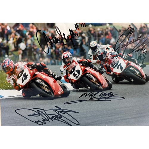 428 - Framed Ducati Team signed picture “3 Dukes”. Signed by Carl Fogarty, Neil Hodgson, Aaron Slight & Pi... 