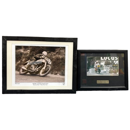 433 - 2x Framed Isle of Man signed pictures. Signed images of Geoff Duke and Mike Hailwood. Geoff Duke is ... 