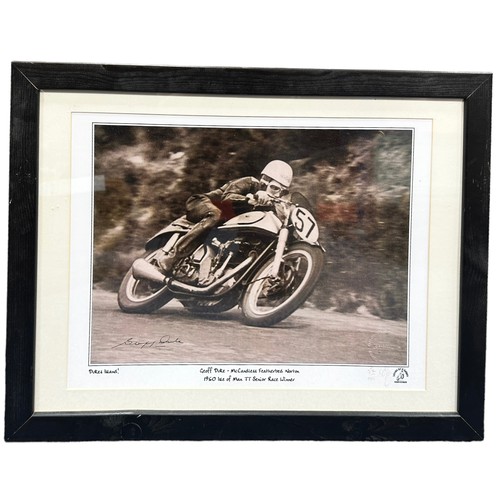 433 - 2x Framed Isle of Man signed pictures. Signed images of Geoff Duke and Mike Hailwood. Geoff Duke is ... 