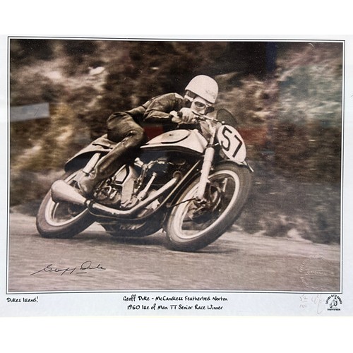 433 - 2x Framed Isle of Man signed pictures. Signed images of Geoff Duke and Mike Hailwood. Geoff Duke is ... 