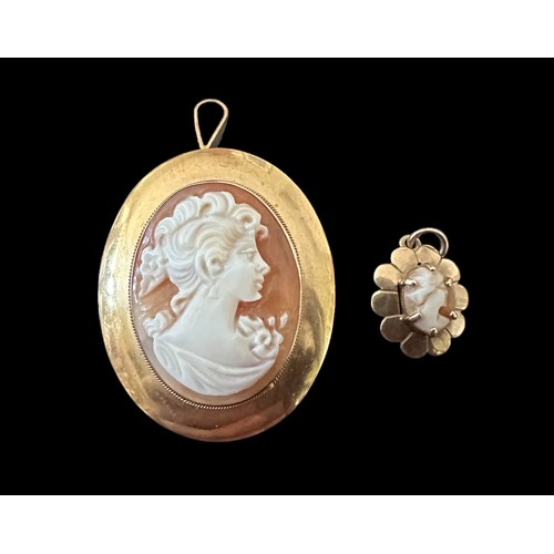 19 - Two shell cameos depicting a lady in profile. A shell cameo brooch/ pendant, 33m in length and stamp... 