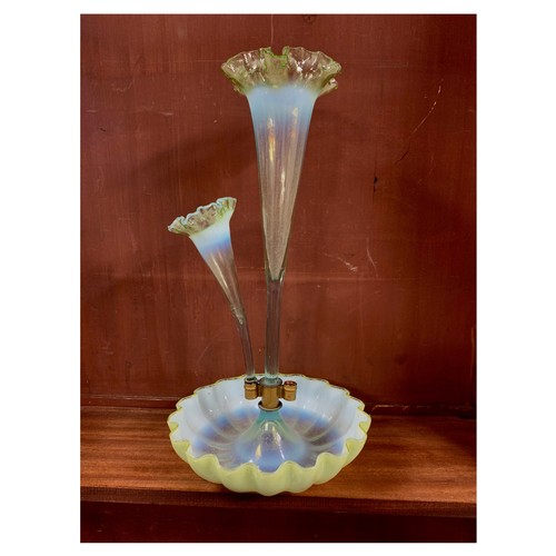 286 - Victorian green tinted Vaseline glass epergne, missing one flute. Epergne supposed to have three cen... 