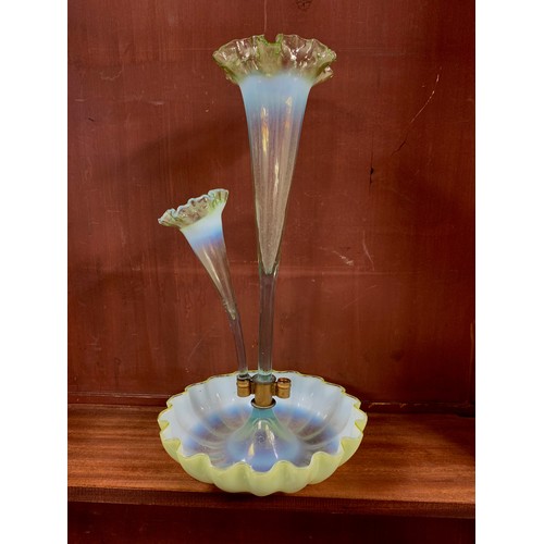 286 - Victorian green tinted Vaseline glass epergne, missing one flute. Epergne supposed to have three cen... 