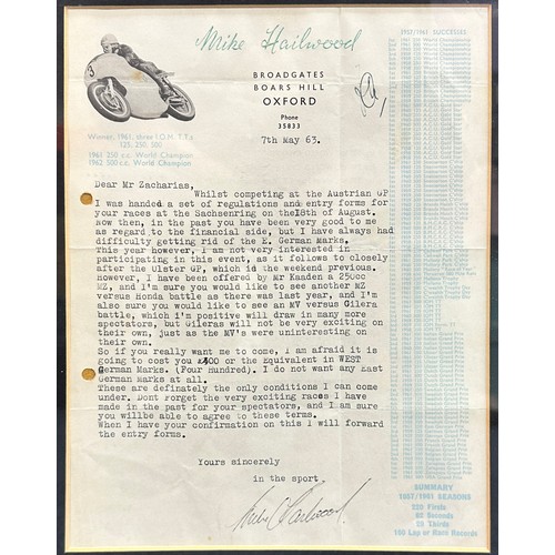 439 - Framed Mike Hailwood signed letter. This letter dated 7th May 1963 is to a Mr. Zacharias owner of a ... 