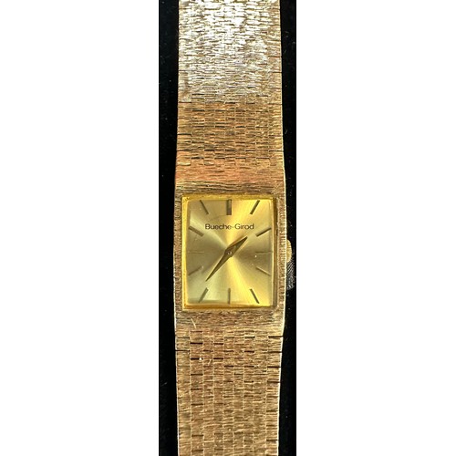 90 - Bueche-Girod, a 9ct gold ladies wristwatch, signed rectangular dial with gold coloured batons and ha... 