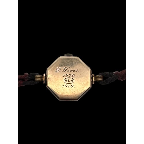 67 - Rolex - an octagonal 9ct gold Rolex watch, circa 1940. 15 rubies, Arabic numerals, subsidiary dial, ... 