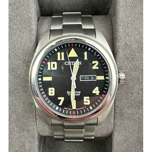 86 - Citizen Eco-Drive Titanium wristwatch with 42mm case, black dial with yellow easy-to-read numerals, ... 