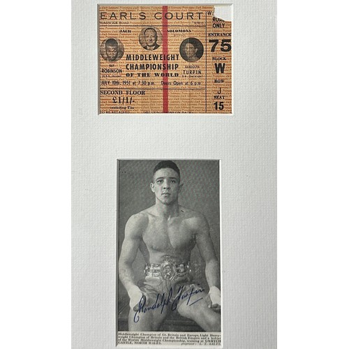 411 - Randolph Turpin (British, 1928-1966), framed pair of leather boxing gloves worn by Randolph Turpin i... 