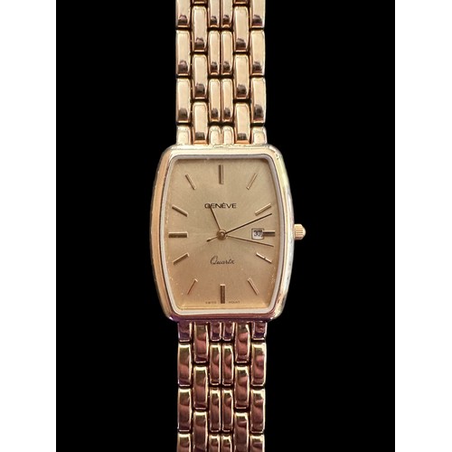 74A - Geneve, a 14k gold wristwatch, gold coloured rectangular dial with gold coloured batons and hands, c... 