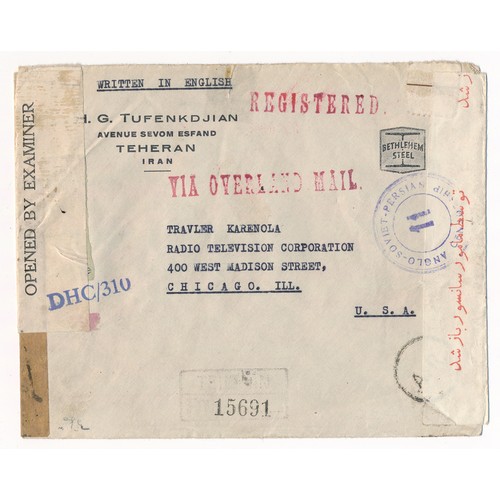 98 - Iran / Persia, 1943 Overland Registered Airmail Cover, from Iran to USA (Radio Television Corporatio... 