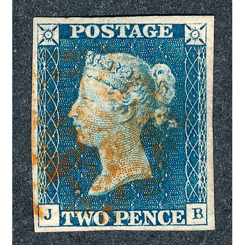 256 - Great Britain, 1840 2d Blue, Plate 2, four clear margins, Lettered J-B, U, with Red Maltese Cross ca... 