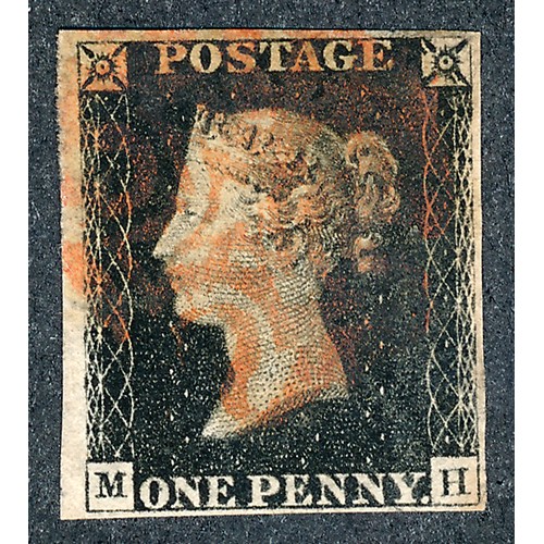 254 - Great Britain, 1840 1d Black, Plate 1B, four margins, Lettered MH, with Red Maltese Cross cancel. Ve... 